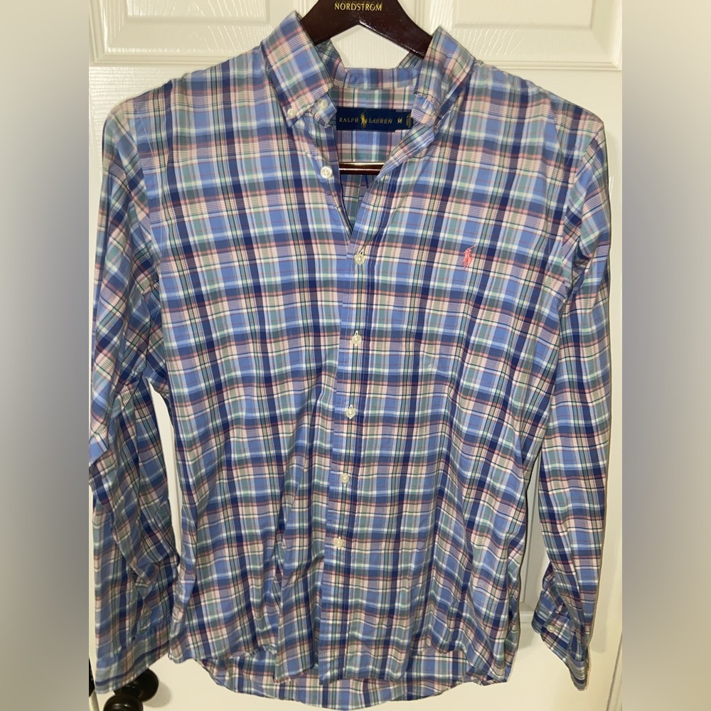 Polo Ralph Lauren shirt Men Medium blue plaid Button Up Long sleeve Pony